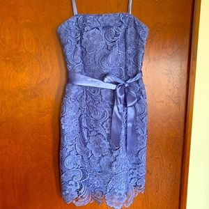Lilac strapless lace dress with silk sash belt